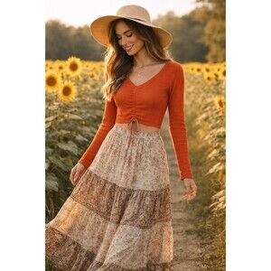 Anthropologie Sabrina Cinched Top Medium Burnt Orange Cropped Long Sleeve